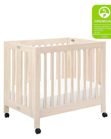 Babyletto Origami Mini Portable Crib Folding with Wheels in Washed Natural, 2 Adjustable Mattress Positions, Greenguard Gold Certified - LeafyLoom