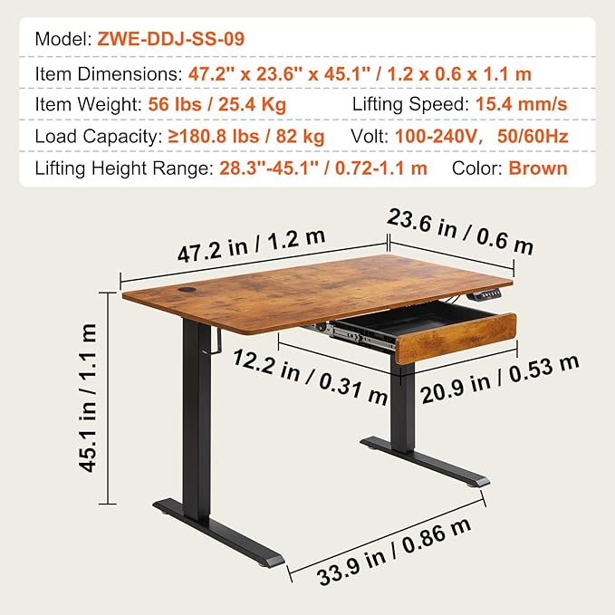 VEVOR Height Adjustable Desk, 47.2 x 23.6 in with Drawer, 3-Key Modes Electric Standing Desk,Whole Piece Desk Board, Dual Metal Frame, 180 LBS Capacity Computer Sit Stand up Desk, for Home and Office - LeafyLoom