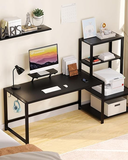 GreenForest Computer Desk 67 inch with Storage Printer Shelf, Reversible Gaming Home Office Desk Large Study Writing Table with Movable Monitor Stand and 2 Headphone Hooks for PC Working, Black - LeafyLoom