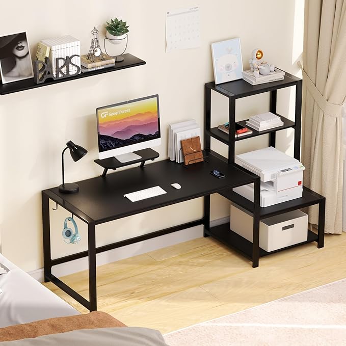 GreenForest Computer Desk 67 inch with Storage Printer Shelf, Reversible Gaming Home Office Desk Large Study Writing Table with Movable Monitor Stand and 2 Headphone Hooks for PC Working, Black - LeafyLoom