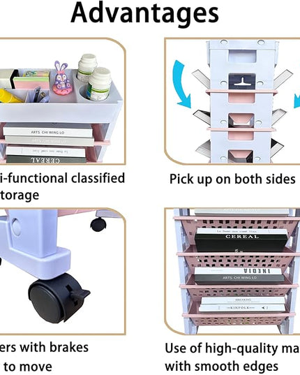 5 Tier Rolling Utility Book Cart, Movable Bookshelf Organizer with Wheels, Storage Book Shelves, Book Rack for Study in Classroom School Office, White-Pink - LeafyLoom