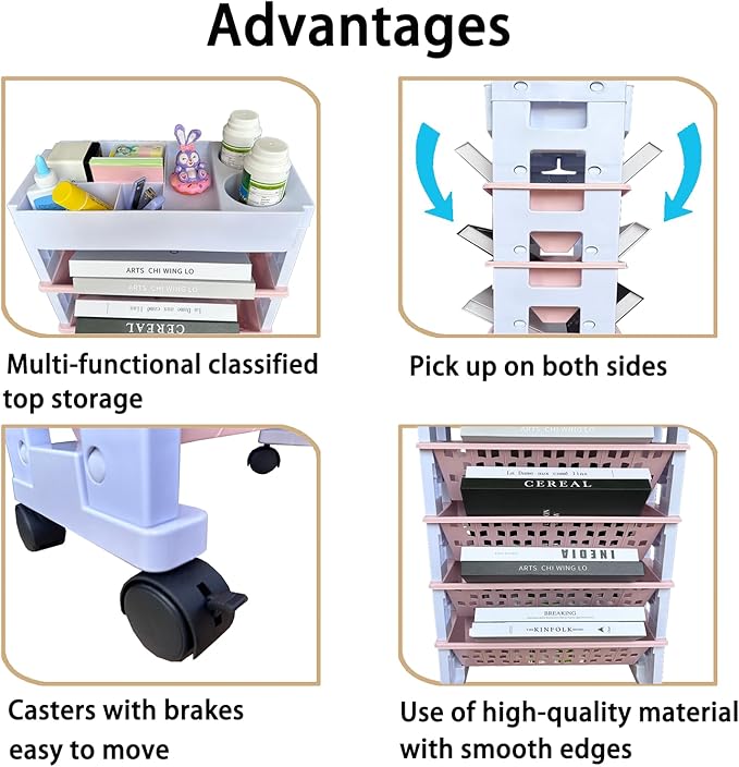 5 Tier Rolling Utility Book Cart, Movable Bookshelf Organizer with Wheels, Storage Book Shelves, Book Rack for Study in Classroom School Office, White-Pink - LeafyLoom