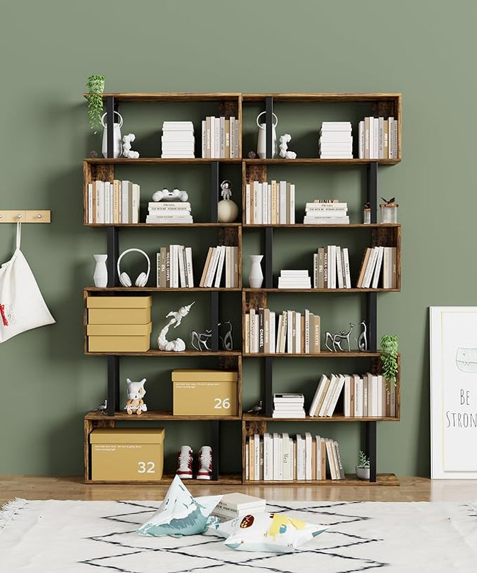 Gadroad 6 Tier Geometric Bookcase,S Shaped Bookshelf, Wood Decorative Storage Shelving, Modern Freestanding Display Shelves, Tall Book Shelf Unit for Living Room Bedroom, Rustic Brown - LeafyLoom