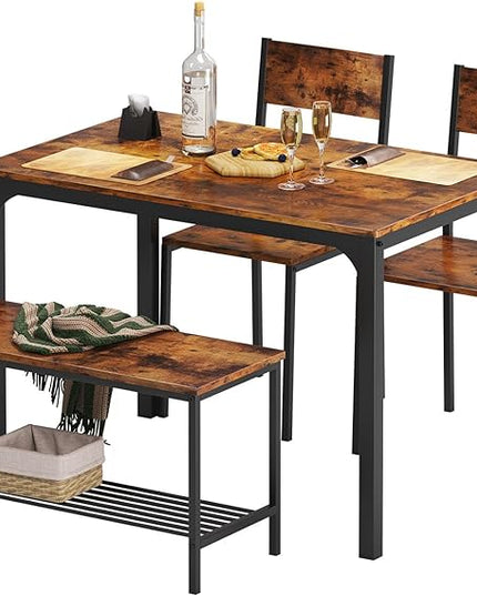 soges 4 Person Dining Table Set, 43.3inch Kitchen Table Set for 4, Dining Room 2 Chairs with Backrest, 2-Person Bench with Storage Rack, Vintage Brown - LeafyLoom