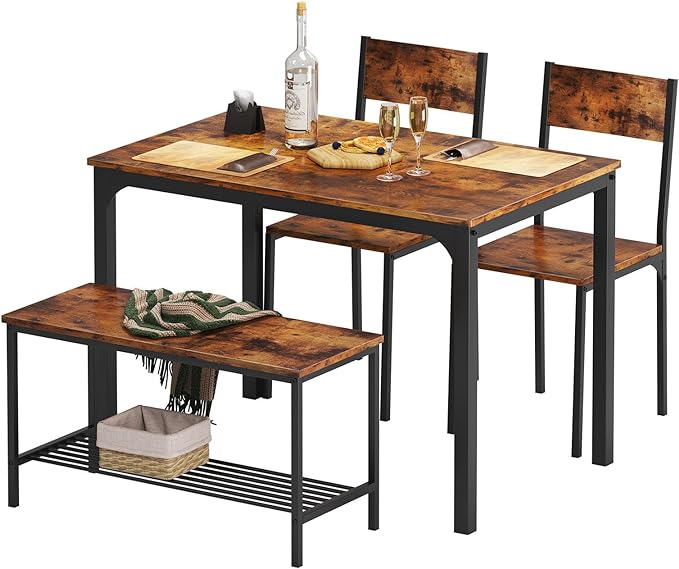 soges 4 Person Dining Table Set, 43.3inch Kitchen Table Set for 4, Dining Room 2 Chairs with Backrest, 2-Person Bench with Storage Rack, Vintage Brown - LeafyLoom