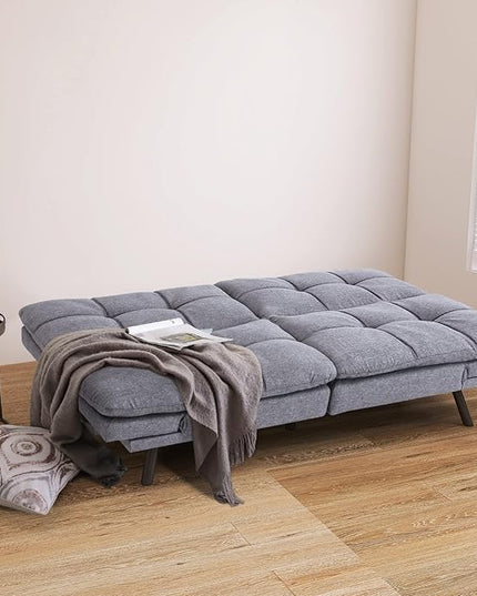 Futon Bed/Couch,Grey Polyester Memory Foam Small Splitback, Easy-Convert Backrests&Armrests,Stain-Resistant Fabric Sofas, 71x33x31.5 - LeafyLoom