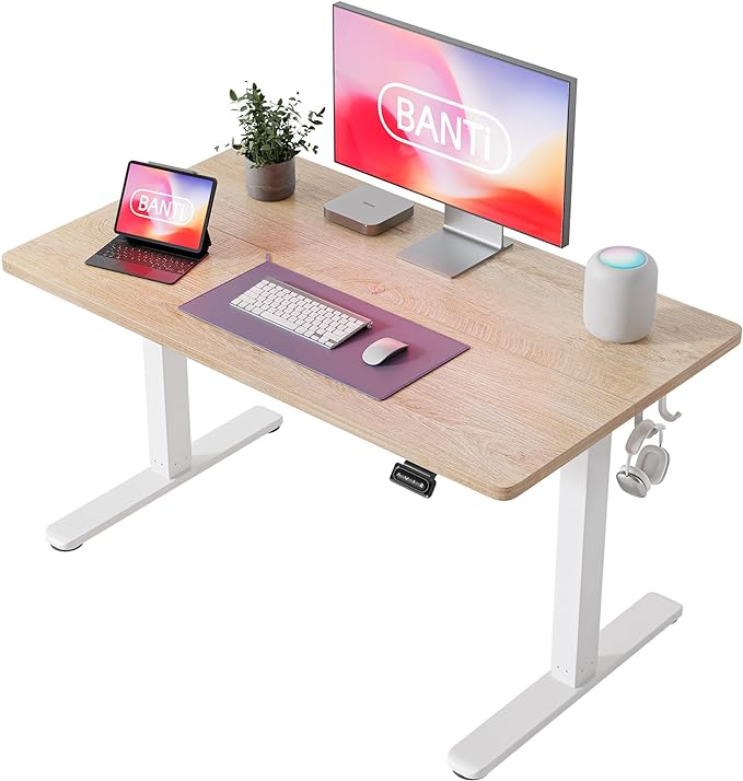 BANTI 40'' Standing Desk, Electric Stand up Height Adjustable Home Office Table, Sit Stand Desk with Splice Board, Maple - LeafyLoom