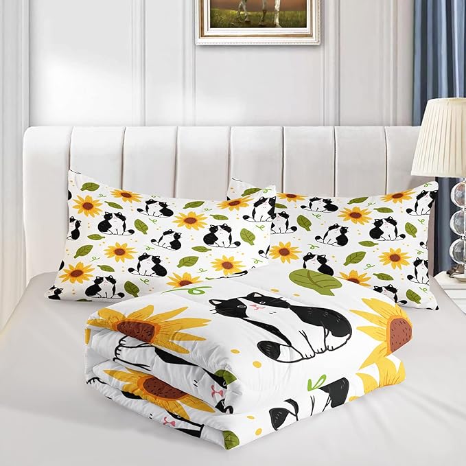 Kawaii Cat Comforter Full Size,Sunflower Cat Comforter Set for Kids Teens Girls Boys,3Pcs Bedding Set Printed Comforter with 2 Pillowcases,Down Alternative,Soft and Lightweight，Full Size - LeafyLoom
