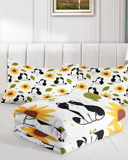 Kawaii Cat Comforter Twin Size,Sunflower Cat Comforter Set for Kids Teens Girls Boys,3Pcs Bedding Set Printed Comforter with 2 Pillowcases,Down Alternative,Soft and Lightweight，Twin Size - LeafyLoom