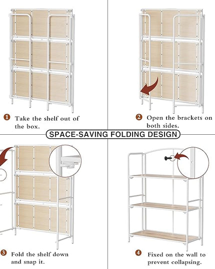 No Assembly Folding Bookshelf, 3 Tier White Bookshelf, Metal Book Shelf for Storage, Folding Bookcase for Office Organization and Storage, 12.87" D x 30.9" W x 42.33" H - LeafyLoom