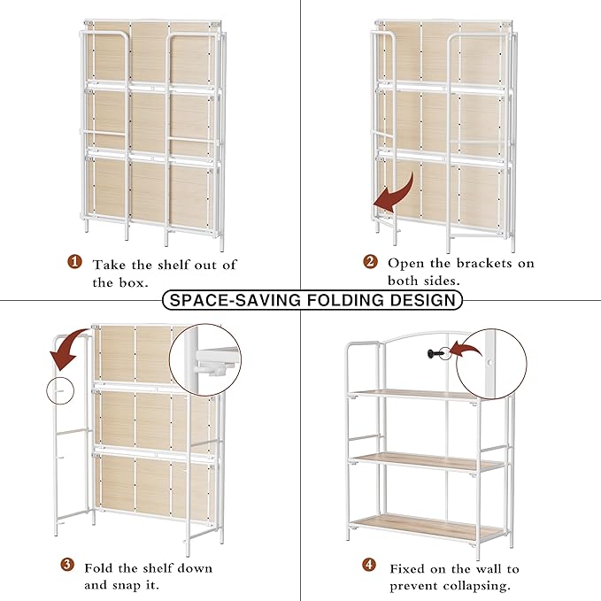 No Assembly Folding Bookshelf, 3 Tier White Bookshelf, Metal Book Shelf for Storage, Folding Bookcase for Office Organization and Storage, 12.87" D x 30.9" W x 42.33" H - LeafyLoom