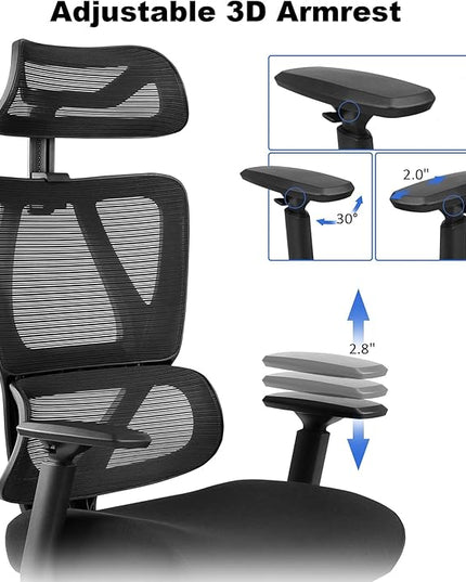 Ergonomic Office Chair, High Back Desk Chairs with Adjustabke Headrest & 3D Armrest, Swivel Executive Chair for Home Office, Black - LeafyLoom