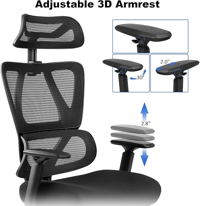 Ergonomic Office Chair, High Back Desk Chairs with Adjustabke Headrest & 3D Armrest, Swivel Executive Chair for Home Office, Black - LeafyLoom