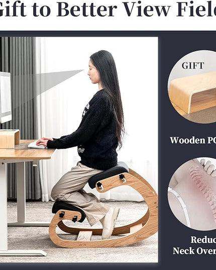 Professional Kneeling Chair with Wooden Computer Stand Comfortable Cushion Adjustable Knee Chair Ergonomic Rocking Posture Chair for Back Pain Relief - LeafyLoom