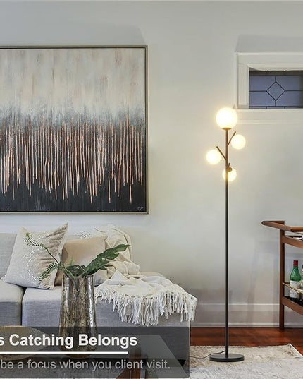 4 Globe Floor Lamp, Modern Sputnik Tree Standing Lamp with Frosted Glass Ball Lampshade & 3000K LED Bulbs, Mid Century Contemporary Tall Lamp for Living Room, Bedroom, Office, Hotel - LeafyLoom