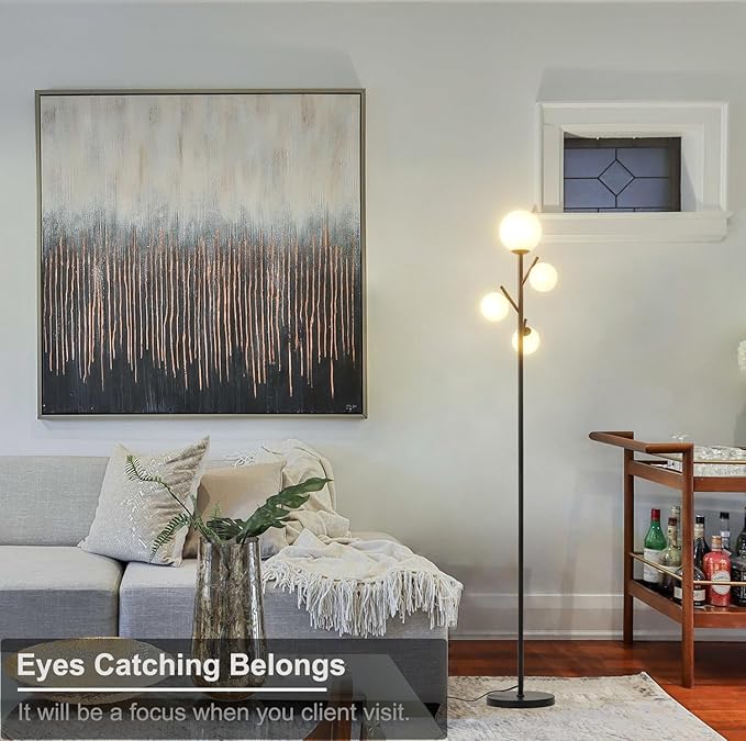 4 Globe Floor Lamp, Modern Sputnik Tree Standing Lamp with Frosted Glass Ball Lampshade & 3000K LED Bulbs, Mid Century Contemporary Tall Lamp for Living Room, Bedroom, Office, Hotel - LeafyLoom
