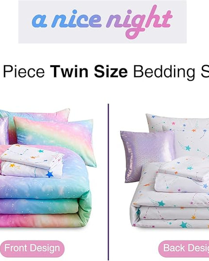 A Nice Night 6Pcs Gradient Glitter Bedding Set for Girls Twin Size, Colorful Rainbow Galaxy Comforter Set, Ultra Soft Bedding Sets, Pink - LeafyLoom