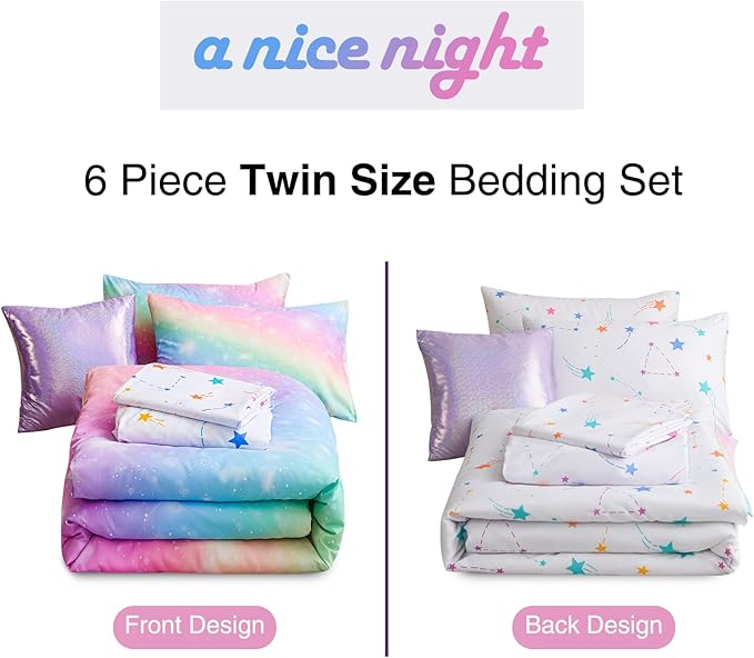 A Nice Night 6Pcs Gradient Glitter Bedding Set for Girls Twin Size, Colorful Rainbow Galaxy Comforter Set, Ultra Soft Bedding Sets, Pink - LeafyLoom
