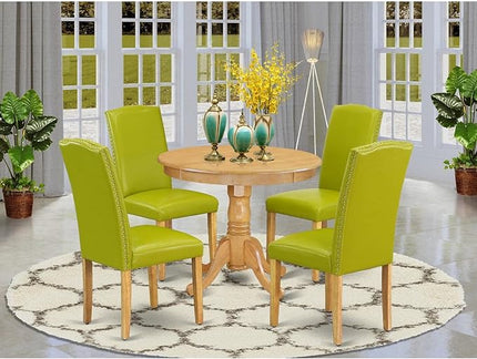 East West Furniture Antique 5 Piece Dinette Set Includes a Round Dining Table with Pedestal and 4 Autumn Green Faux Leather Upholstered Parson Chairs, 36x36 Inch, ANEN5-OAK-51 - LeafyLoom