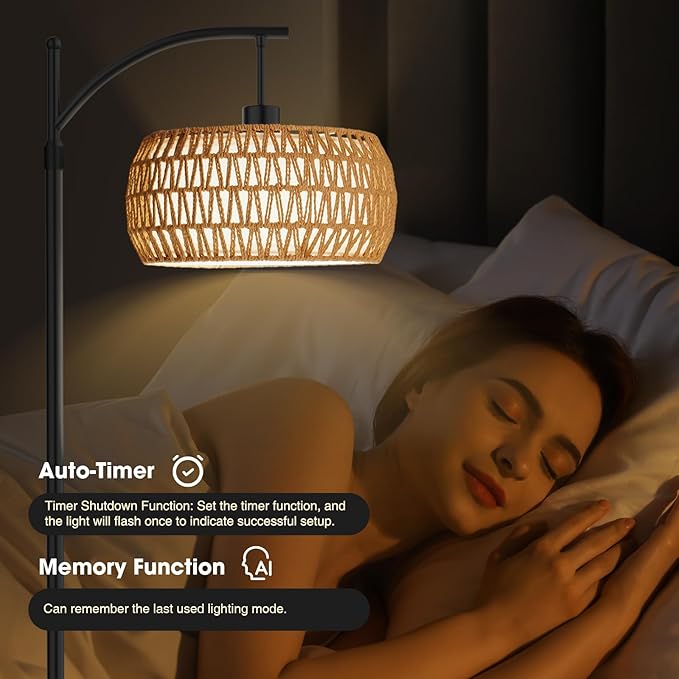Arc Floor Lamp with Remote & App Control, 10 Color Modes, 10 Dimmable Brightness, Boho Tall Standing Lamps with LED Smart Bulb, Rattan & Fabric Double Drum Shade for Living Room Bedroom Office - LeafyLoom