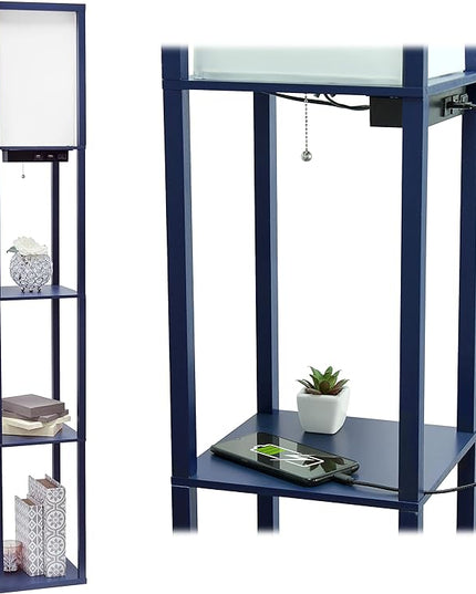 Simple Designs LF1037-NAV Floor Lamp Etagere Organizer Storage Shelf with 2 USB Charging Ports, 1 Charging Outlet and Linen Shade, Navy Blue - LeafyLoom