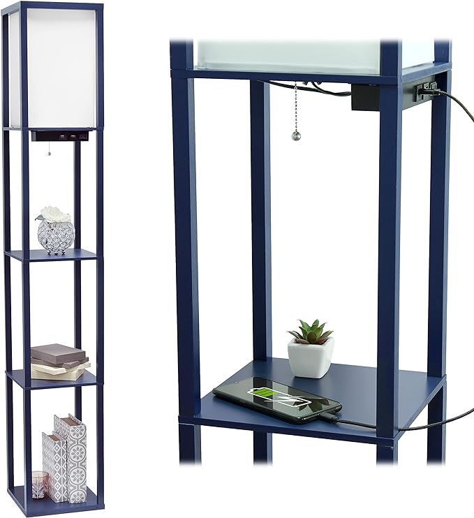 Simple Designs LF1037-NAV Floor Lamp Etagere Organizer Storage Shelf with 2 USB Charging Ports, 1 Charging Outlet and Linen Shade, Navy Blue - LeafyLoom