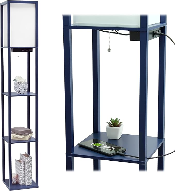 Simple Designs LF1037-NAV-LB Three Shelf Etagere Organizer Storage Floor Lamp with 2 Dual USB Ports and Charging Outlet, Navy Blue, with Feit LED Bulb Included - LeafyLoom