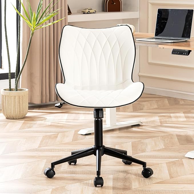YOUNUOKE Office Desk Chair, Comfy Home Office Chairs, Small Comfortable Desk Chairs with Wheels, Armless PU Leather Chairs for Computer Conference, White - LeafyLoom