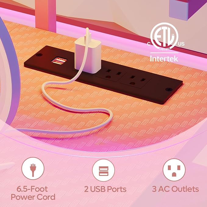 Bestier Pink Gaming Desk with Reversible Power Outlets, 55 inch LED Computer Desk with Monitor Stand & Adjustable Shelves, Writing Desk with Cup Holder & Hook for Home Office, Pink 3D Carbon Fiber - LeafyLoom