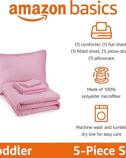 Amazon Basics 2 Piece Microfiber Kid's Bed-in-a-Bag Bedding Set, Toddler, Pink, Solid - LeafyLoom