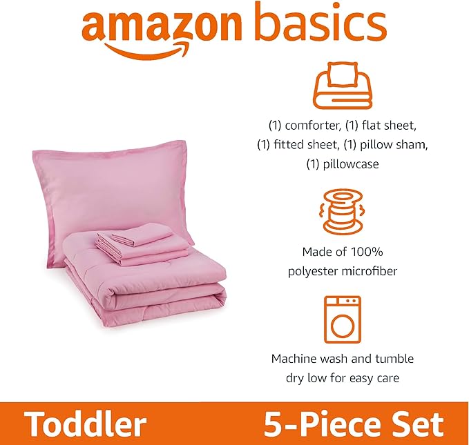 Amazon Basics 2 Piece Microfiber Kid's Bed-in-a-Bag Bedding Set, Toddler, Pink, Solid - LeafyLoom