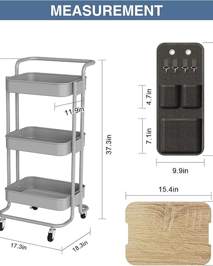 DTK 3 Tier Metal Utility Rolling Cart with Table Top and Side Bags, Tray Storage Organizer Wheels, Art Craft 4 Hooks for Kitchen Bathroom Office Living Room(Grey) - LeafyLoom