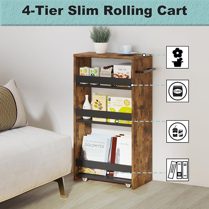 MARTY Rolling Cart 7.9" Width, 4-Tier Utility Carts with Wheels Handle, Slim Kitchen Storage Cart for Bathroom Laundry Room Organization Narrow Places (Rustic Brown) - LeafyLoom