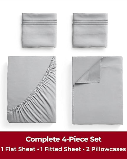 Mellanni Twin Sheets Set - 4 Piece Iconic Collection Bedding Sheets & Pillowcases - Luxury, Ultra Soft, Cooling Bed Sheets - Deep Pocket up to 16 inch - 4 PC (Twin, Light Gray w/Extra Pillow Case) - LeafyLoom
