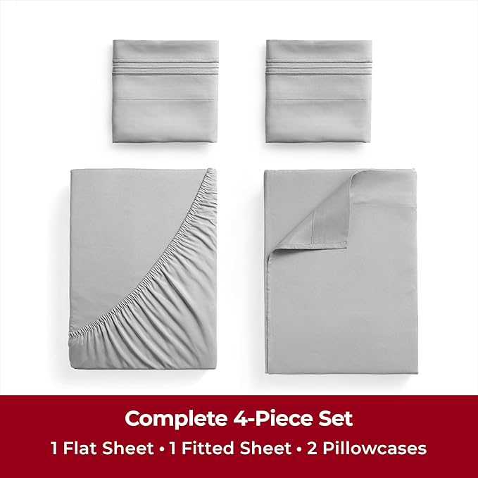 Mellanni Twin Sheets Set - 4 Piece Iconic Collection Bedding Sheets & Pillowcases - Luxury, Ultra Soft, Cooling Bed Sheets - Deep Pocket up to 16 inch - 4 PC (Twin, Light Gray w/Extra Pillow Case) - LeafyLoom