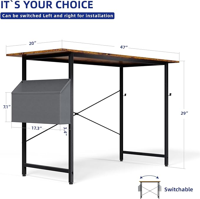 Pamray 47 Inch Computer Desk for Small Spaces with Storage Bag, Home Office Work Desk with Headphone Hook, Small Office Desk Study Writing Table - LeafyLoom
