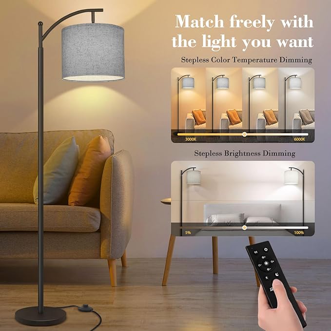 PESRAE Floor Lamp for Living Room, 9W Stepless Dimmable 3000-6000K LED Bulb Included, Standing Lamp with Remote Control, Tall lamp with Adjustable Linen Lampshade for Office… - LeafyLoom