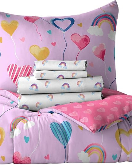Dream Factory Kids 5-Piece Complete Bed Set Easy-Wash Super Soft Microfiber Comforter Bedding, Twin, Lilac Balloon Hearts - LeafyLoom