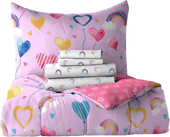 Dream Factory Kids 5-Piece Complete Bed Set Easy-Wash Super Soft Microfiber Comforter Bedding, Twin, Lilac Balloon Hearts - LeafyLoom