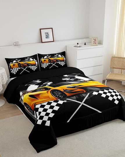 Yellow Race Car Bedding Set Twin Size,Black and White Grid Duvet Insert with 1 Pillowcase,Extreme Sport Games Comforter Set 2pcs for Kids Teens Boys Room Decor, Soft Modern Bed Quilt - LeafyLoom