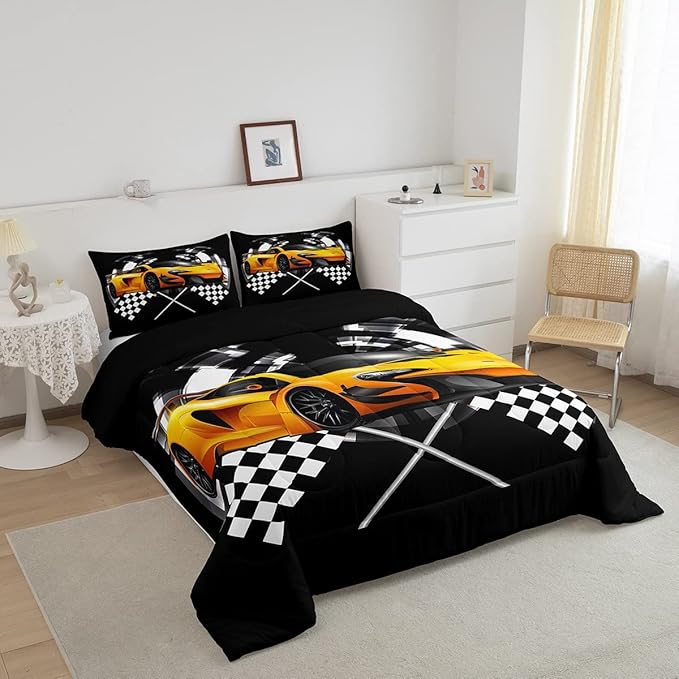 Yellow Race Car Bedding Set Twin Size,Black and White Grid Duvet Insert with 1 Pillowcase,Extreme Sport Games Comforter Set 2pcs for Kids Teens Boys Room Decor, Soft Modern Bed Quilt - LeafyLoom