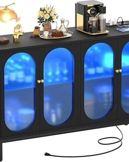 Aheaplus Sideboard Buffet Cabinet with Power Outlet, Kitchen Sideboard Storage Cabinet with LED Light, 4 Doors, Modern Accent Cabinet Coffee Bar Cabinet Console Table for Kitchen Dining Room, Black - LeafyLoom