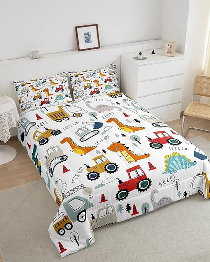 Feelyou Construction Comforter Set Kids Cartoon Dinosaur Comforter Cover Set for Boys Equipment Trucks Bedding Set Construction Vehicles Kawaii Jungle Dino Duvet Set Room Decor Quilt Set King Size - LeafyLoom
