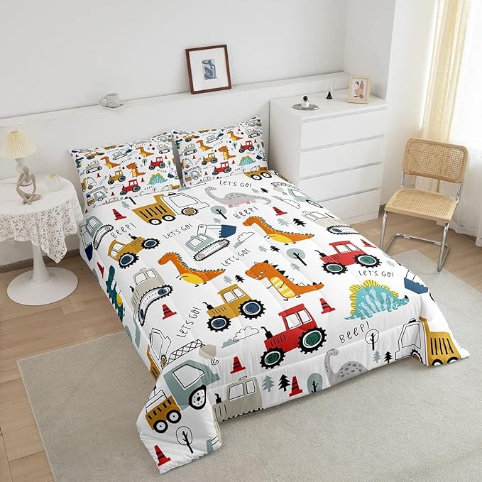 Feelyou Construction Comforter Set Kids Cartoon Dinosaur Comforter Cover Set for Boys Equipment Trucks Bedding Set Construction Vehicles Kawaii Jungle Dino Duvet Set Room Decor Quilt Set King Size - LeafyLoom