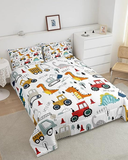 Feelyou Construction Comforter Set Kids Cartoon Dinosaur Comforter Cover Set for Boys Equipment Trucks Bedding Set Construction Vehicles Kawaii Jungle Dino Duvet Set Room Decor Quilt Set Full Size - LeafyLoom