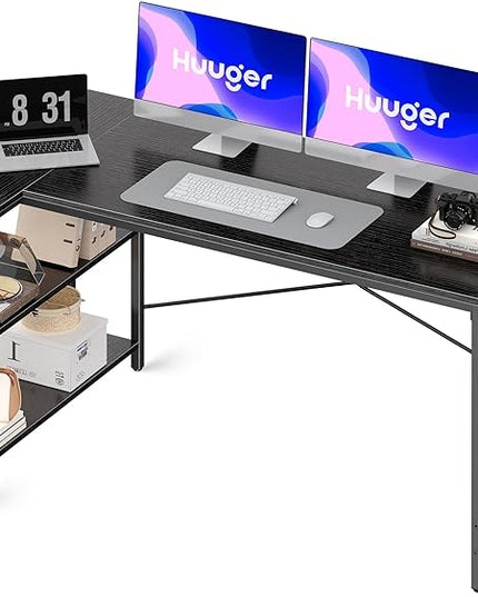 L Shaped Desk, 55 Inches Computer Desk with Reversible Storage Shelves, Gaming Desk, Corner Desk Home Office Desks, Writing Desk Study Desk with Metal Frame, Black - LeafyLoom