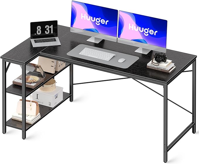 L Shaped Desk, 55 Inches Computer Desk with Reversible Storage Shelves, Gaming Desk, Corner Desk Home Office Desks, Writing Desk Study Desk with Metal Frame, Black - LeafyLoom