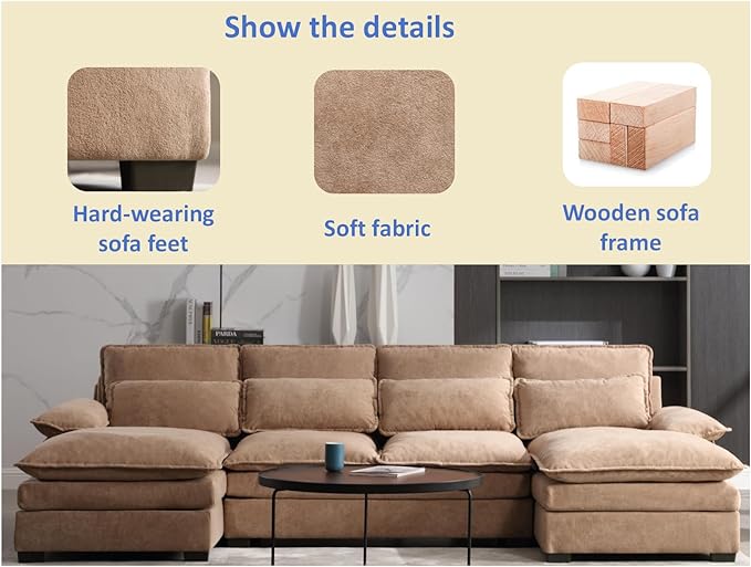Symmetrical Modular Sectional Sofa with Chaise Lounge, 6 Seater Fabric Upholstered Cloud Couch, U Shaped Oversized Sleeper Sofa&Couches with Thicked Cushion & Detackable Backrest Living Room - LeafyLoom