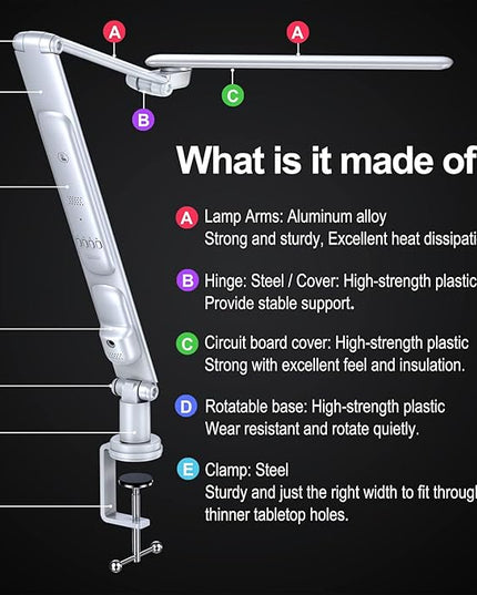 LED Desk Lamp with USB Charging Port, Evo Natural Spectrum,Professional Grade Adjustable Table Light with 6 Axis Swing Arm, Architect Desk Lamp for Painting, Reading, Home Office-White - LeafyLoom