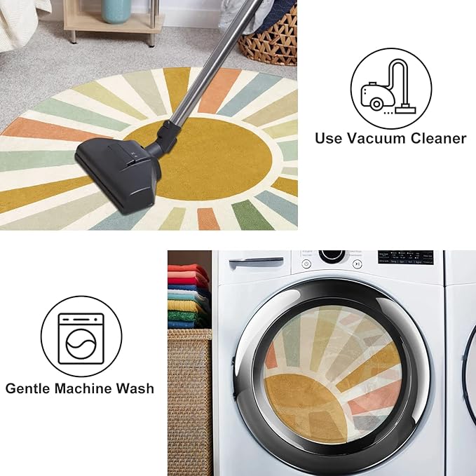 Boho Washable Rug 5 Ft Round Area Rug for Bedroom, Rainbow Circle Kids Rug for Office, Non-Slip Circluar Carpet Soft Sunshine Rug for Dorm Nursery Sofa Living Room Corner - LeafyLoom